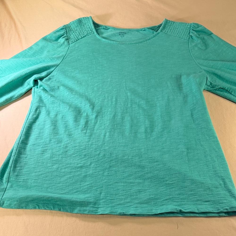 Crown Ivy women’s pullover top green three-quarter sleeve round neck size large